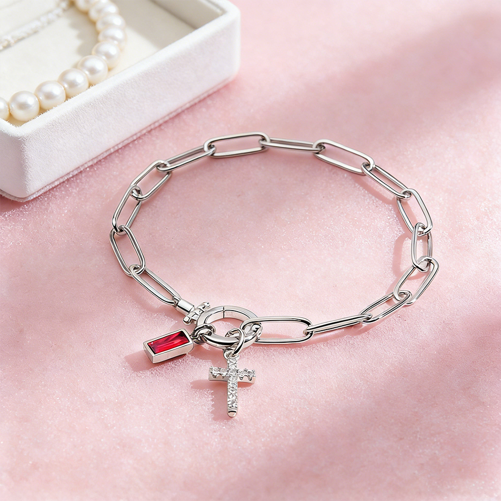Paperclip Birthstone Cross Pendant Bracelet Custom Paperclip Chain Cross Bracelet with Birthstone – Detachable Pendant Personalized Jewelry for Women - aiprintlab