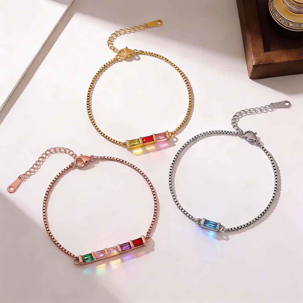 Personalized Baguette Birthstone Bracelet Dainty Family Birthstone Bracelet Modern Birthstone Bar Bracelet Christmas Gift for Her - aiprintlab