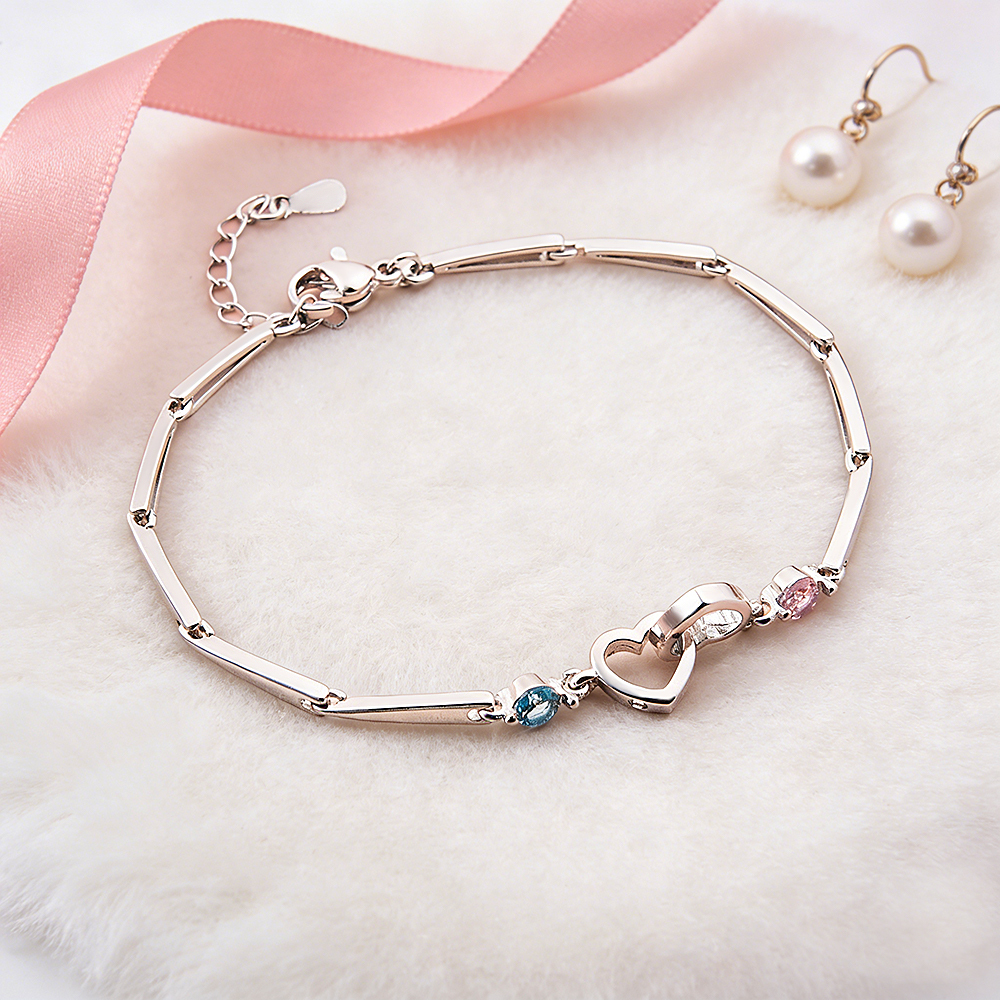Custom Engraved Double-Heart Bracelet with Two Birthstones Personalized Keepsake for Grandmother & Grandchild - aiprintlab