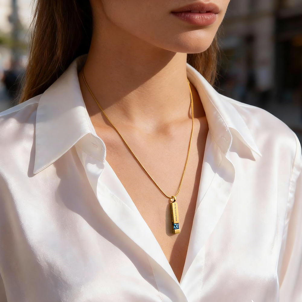 Personalized Urn Necklaces for Ashes Stainless Steel Bar Cremation Necklace Memorial Ashes Necklace Crystal Birthstone Ashes Necklace - aiprintlab