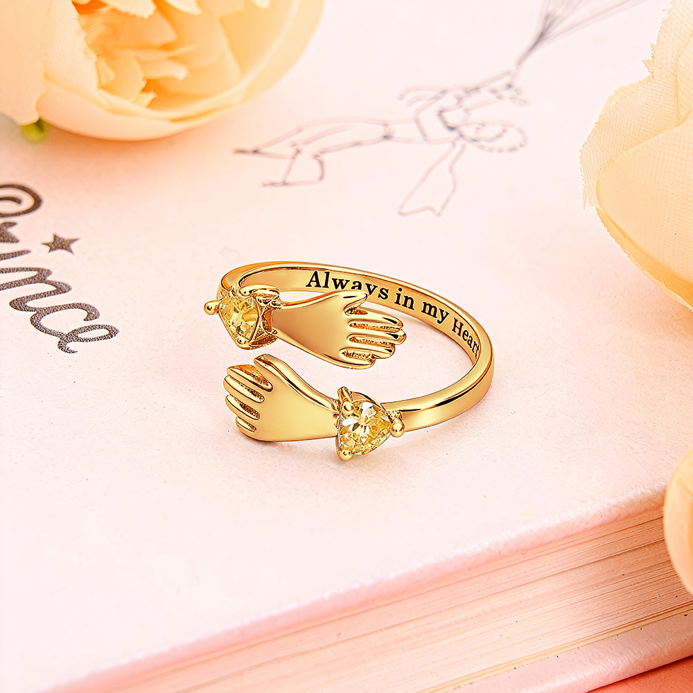 Grandma and Granddaughter Hands Ring – Two Hands Embrace Design with Personalized Birthstones - aiprintlab