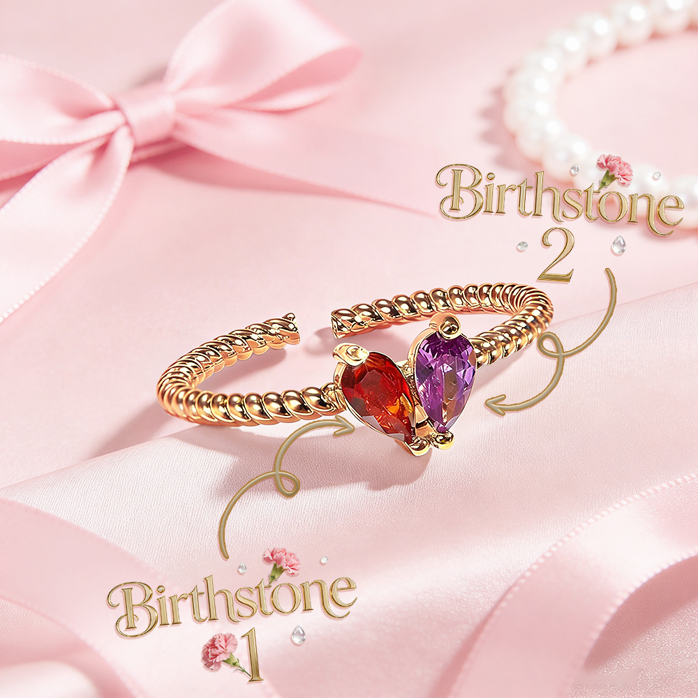 Personalized Partner Birthday Month Ring Custom Couple Birthstones Ring Adjustable Heart Birthstone Ring Gift for Her - aiprintlab