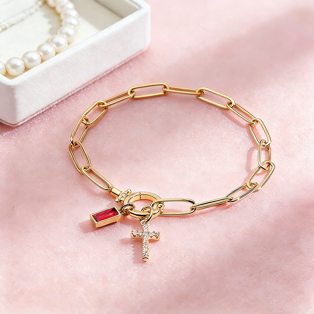 Paperclip Birthstone Cross Pendant Bracelet Custom Paperclip Chain Cross Bracelet with Birthstone – Detachable Pendant Personalized Jewelry for Women - aiprintlab