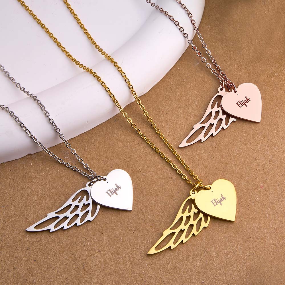 Personalized Angel Wing Heart Name Necklace Custom Name Wing Necklace Sympathy Gift Keepsake for Loss of a Loved One - aiprintlab