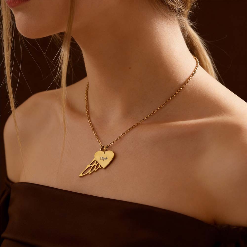 Personalized Angel Wing Heart Name Necklace Custom Name Wing Necklace Sympathy Gift Keepsake for Loss of a Loved One - aiprintlab