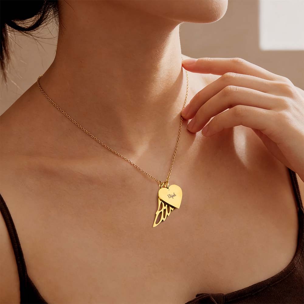 Personalized Angel Wing Heart Name Necklace Custom Name Wing Necklace Sympathy Gift Keepsake for Loss of a Loved One - aiprintlab