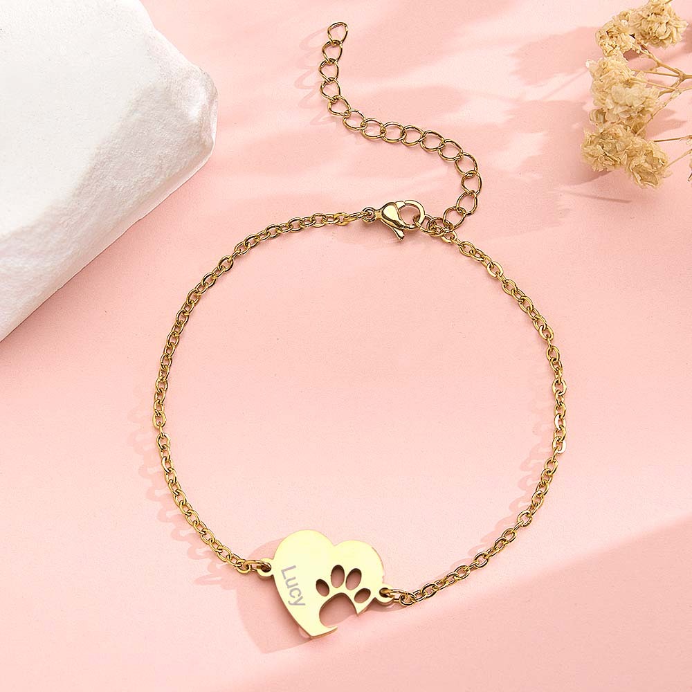 Personalized Heart Paw Print Bracelet – Custom Pet Name Jewelry for Pet Lovers - aiprintlab