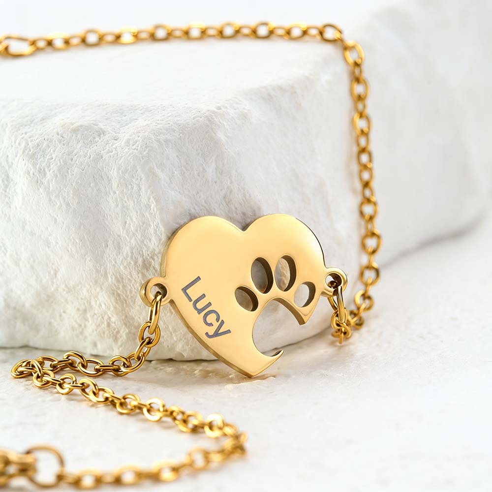 Personalized Heart Paw Print Bracelet – Custom Pet Name Jewelry for Pet Lovers - aiprintlab