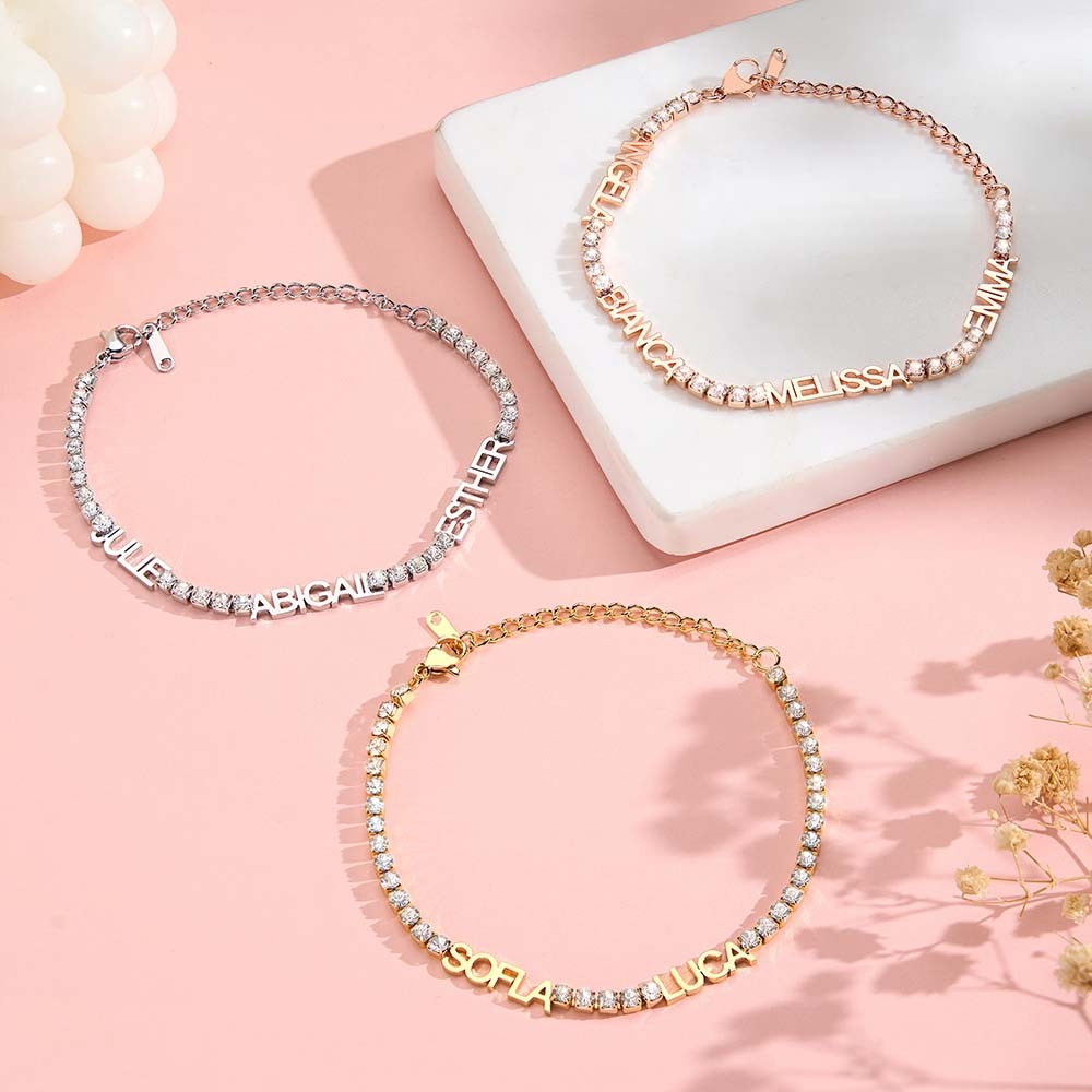Custom Family Name Bracelet Personalized Name Bracelet with CZ Diamonds Engraved Name Bracelet Sentimental Gift for Her - aiprintlab