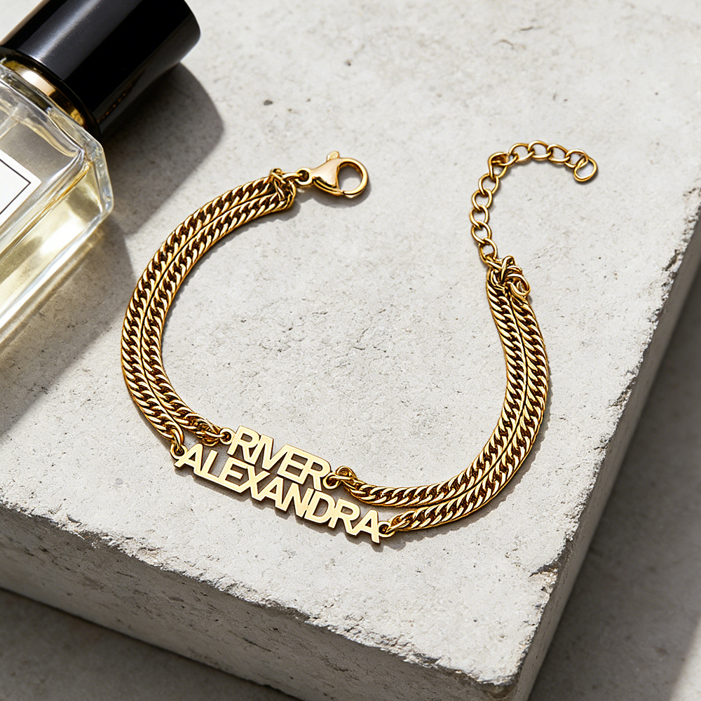 Custom Name Bracelet on Curb Chain Modern Block Letter Name Bracelet Personalized Heavy Chain Name Jewelry - aiprintlab