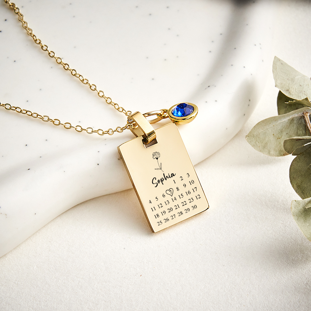Custom Date & Birthstone Anniversary Necklace Personalized Calendar & Birthstone Necklace Birthday Gift for Her - aiprintlab