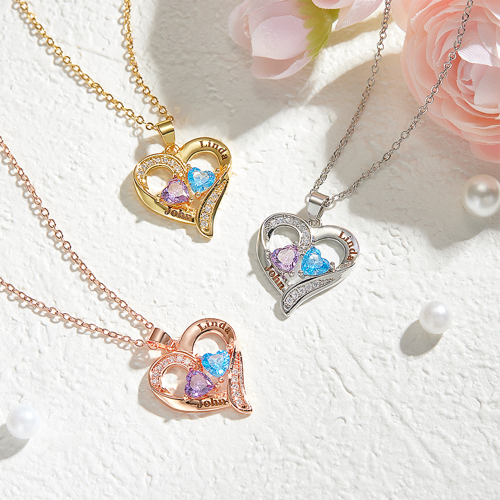 Personalized Sterling Silver Heart Necklace with Two Names & Birthstones Custom Name & Birthstone Heart Necklace Engraved Double-Name Heart Necklace - aiprintlab