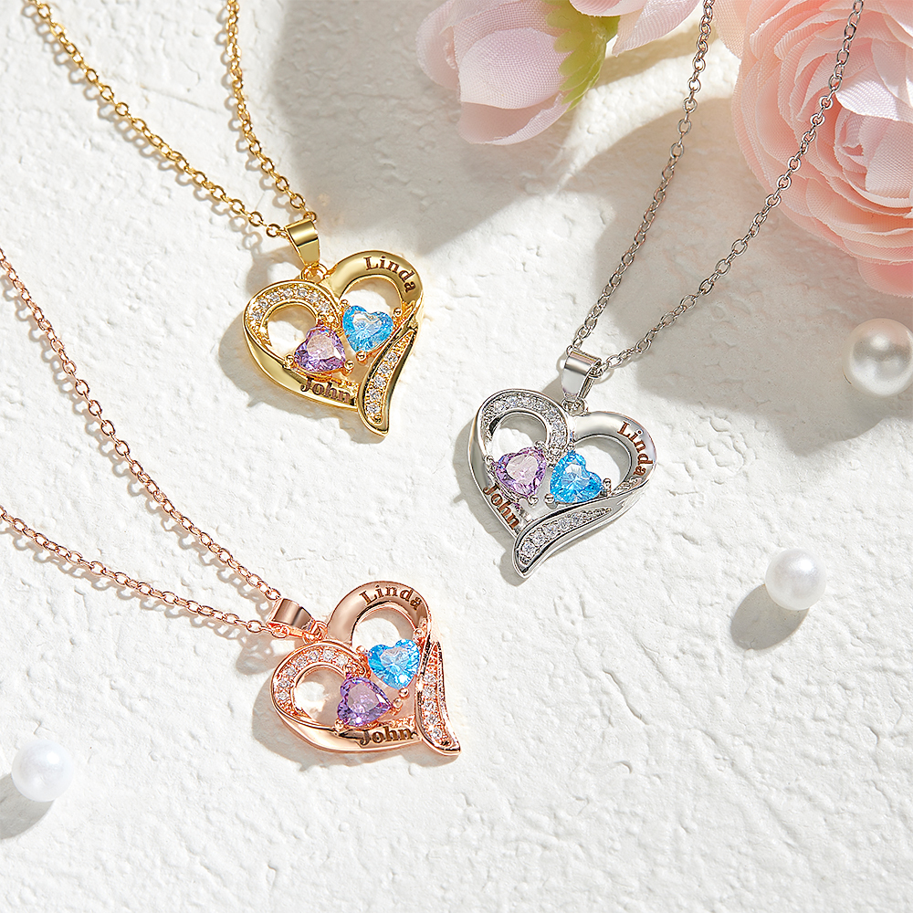 Personalized Sterling Silver Heart Necklace with Two Names & Birthstones Custom Name & Birthstone Heart Necklace Engraved Double-Name Heart Necklace - aiprintlab
