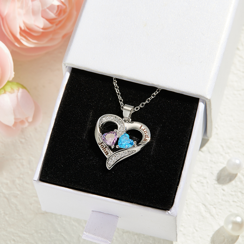 Personalized Sterling Silver Heart Necklace with Two Names & Birthstones Custom Name & Birthstone Heart Necklace Engraved Double-Name Heart Necklace - aiprintlab
