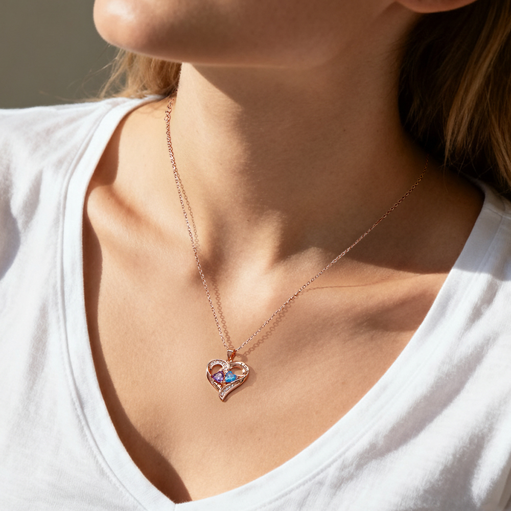 Personalized Sterling Silver Heart Necklace with Two Names & Birthstones Custom Name & Birthstone Heart Necklace Engraved Double-Name Heart Necklace - aiprintlab