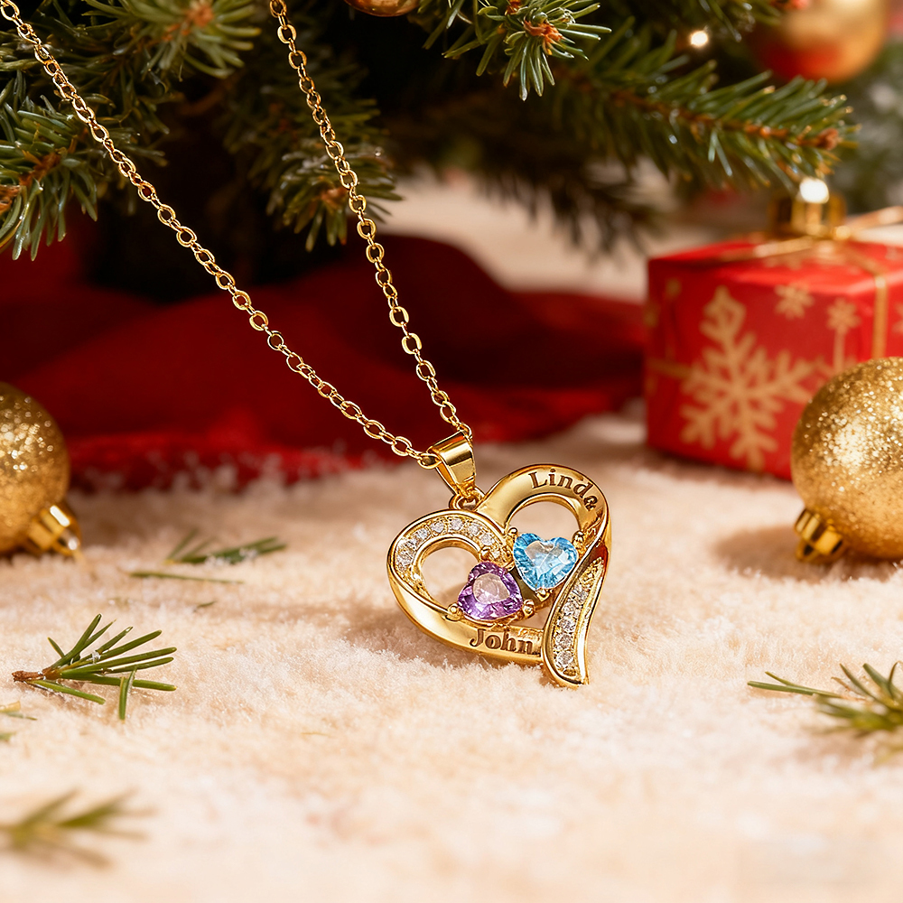 Personalized Sterling Silver Heart Necklace with Two Names & Birthstones Custom Name & Birthstone Heart Necklace Engraved Double-Name Heart Necklace - aiprintlab