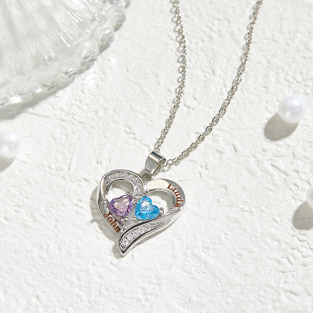 Personalized Sterling Silver Heart Necklace with Two Names & Birthstones Custom Name & Birthstone Heart Necklace Engraved Double-Name Heart Necklace - aiprintlab