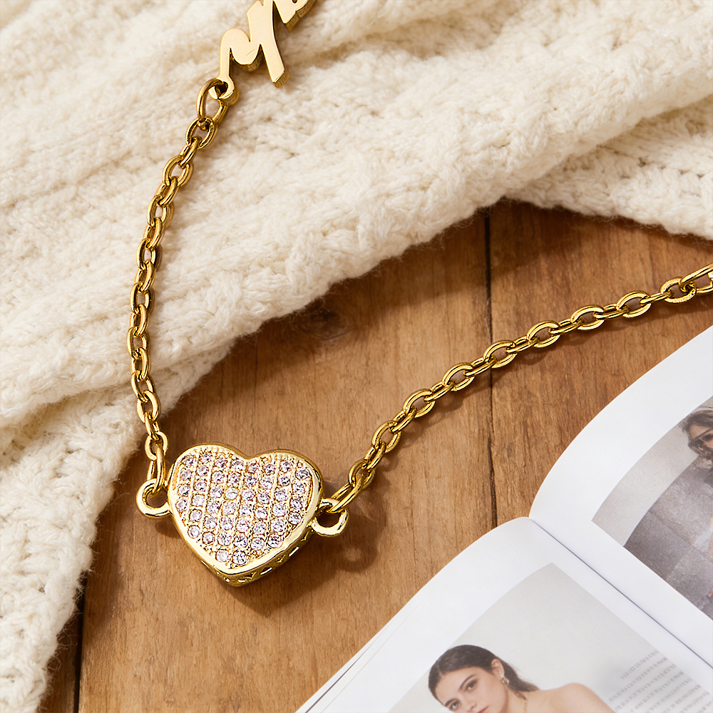 Personalized Pave Heart & Name Charm Necklace Custom Name & Diamond Heart Dainty Necklace Couple Name Necklace Gift for Her - aiprintlab