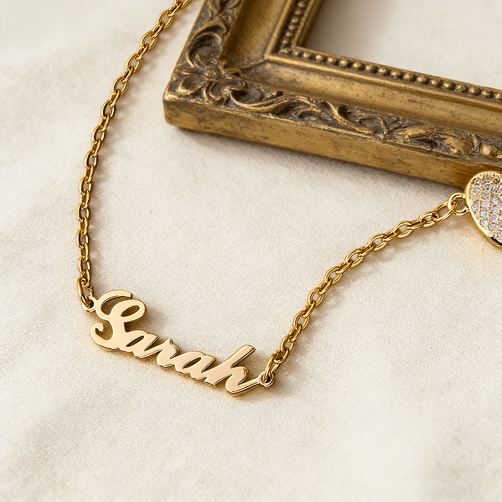 Personalized Pave Heart & Name Charm Necklace Custom Name & Diamond Heart Dainty Necklace Couple Name Necklace Gift for Her - aiprintlab