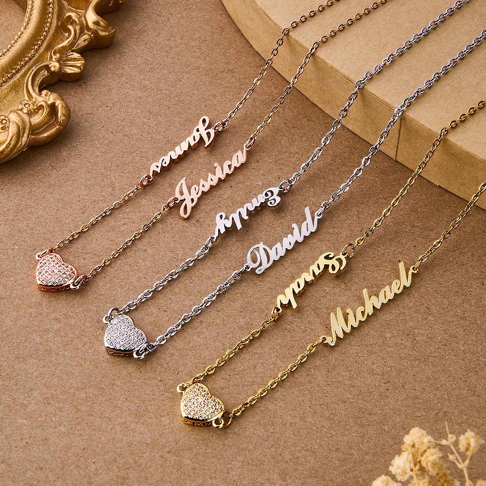Personalized Pave Heart & Name Charm Necklace Custom Name & Diamond Heart Dainty Necklace Couple Name Necklace Gift for Her - aiprintlab