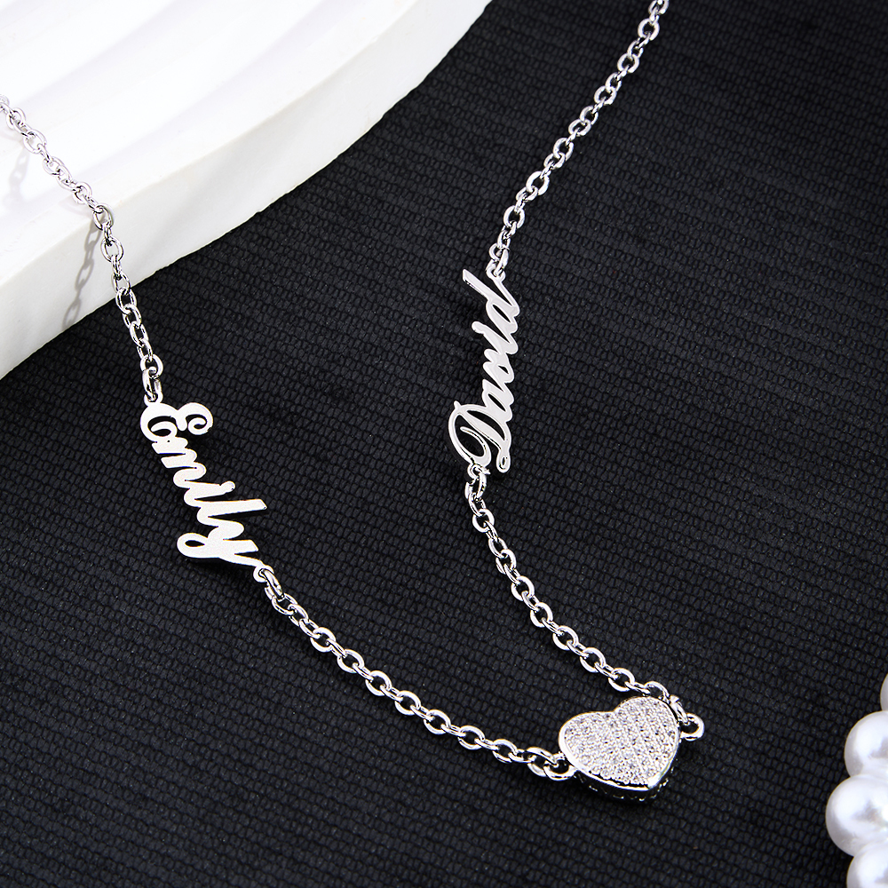 Personalized Pave Heart & Name Charm Necklace Custom Name & Diamond Heart Dainty Necklace Couple Name Necklace Gift for Her - aiprintlab