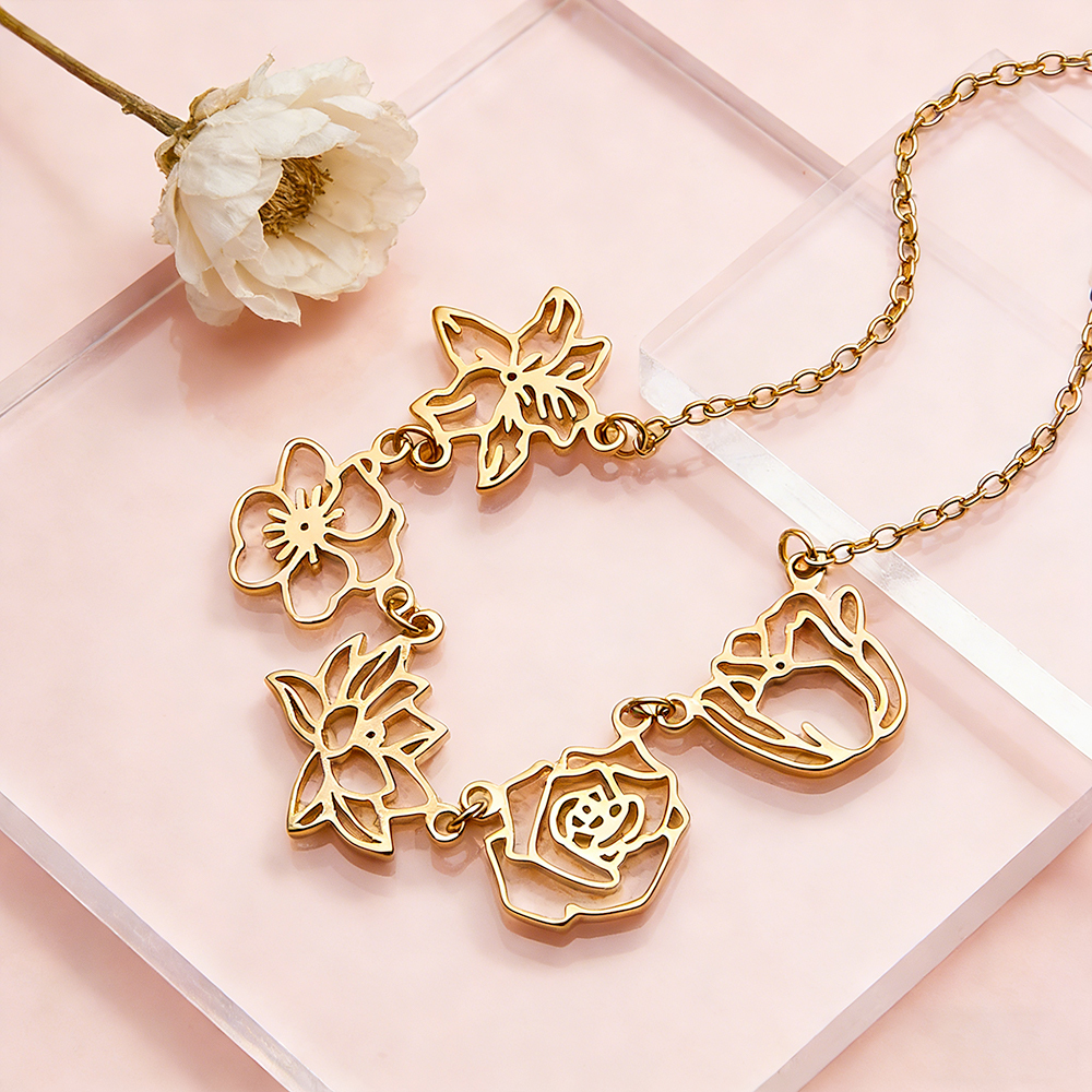 Custom Birthflower & Birthstone Necklace Family Pendant Personalized Dainty Birthflower Pendant Family Birth Flower Necklace - aiprintlab