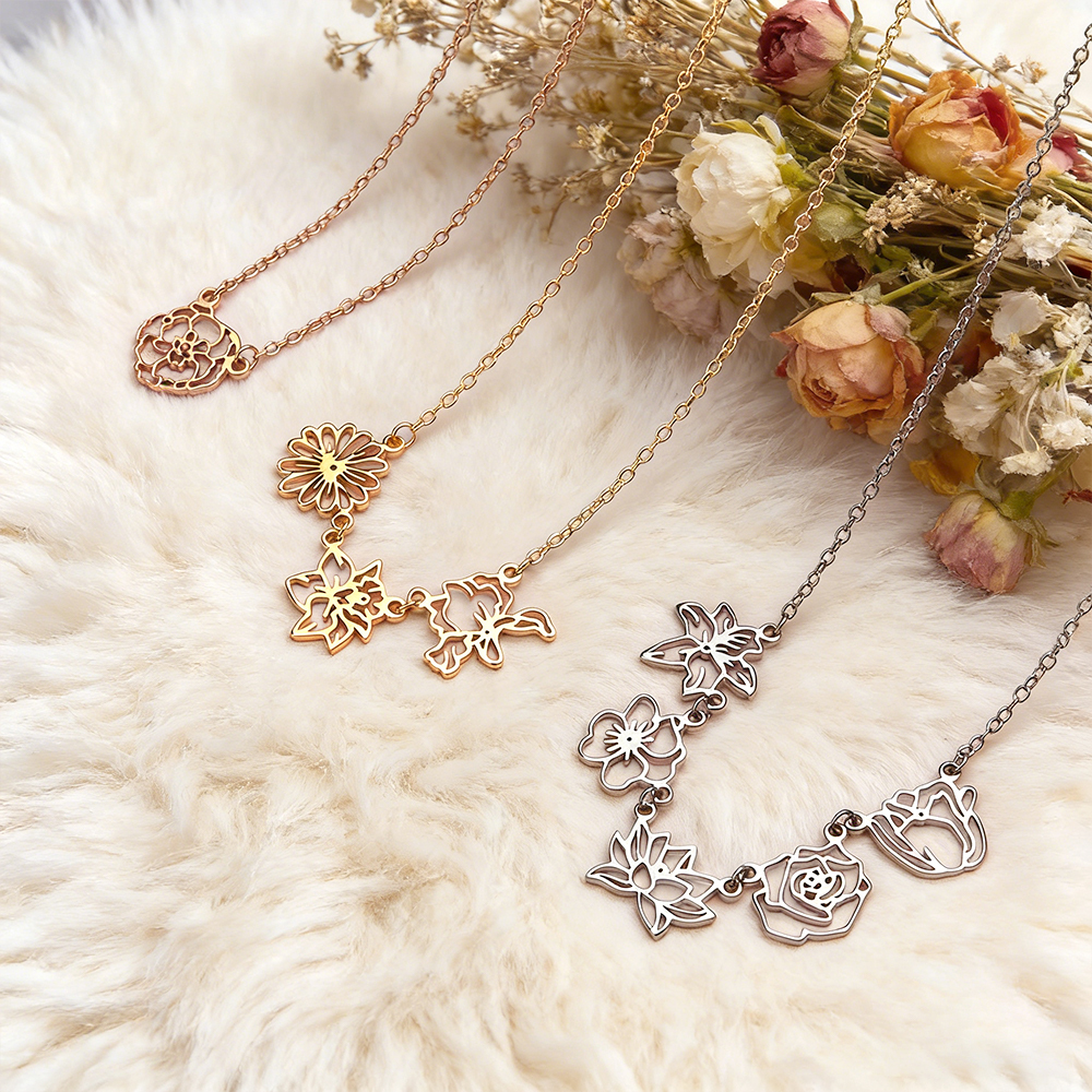 Custom Birthflower & Birthstone Necklace Family Pendant Personalized Dainty Birthflower Pendant Family Birth Flower Necklace - aiprintlab