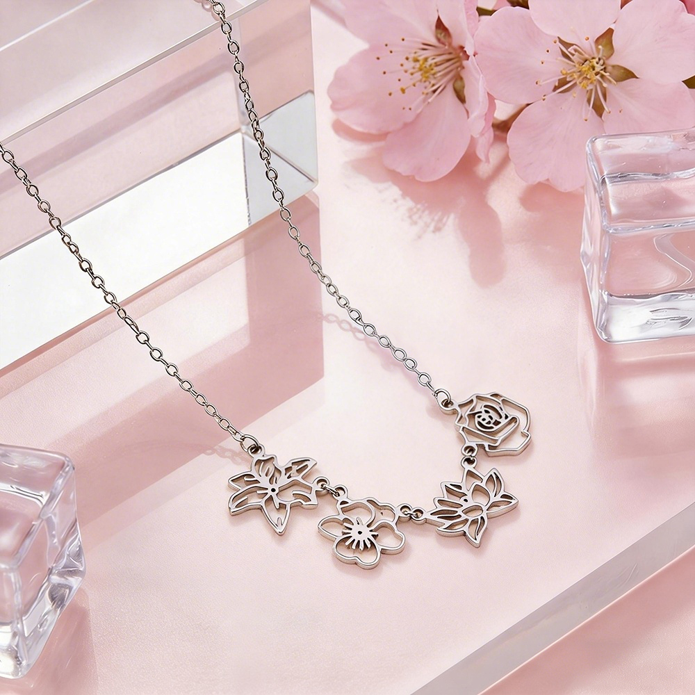 Custom Birthflower & Birthstone Necklace Family Pendant Personalized Dainty Birthflower Pendant Family Birth Flower Necklace - aiprintlab