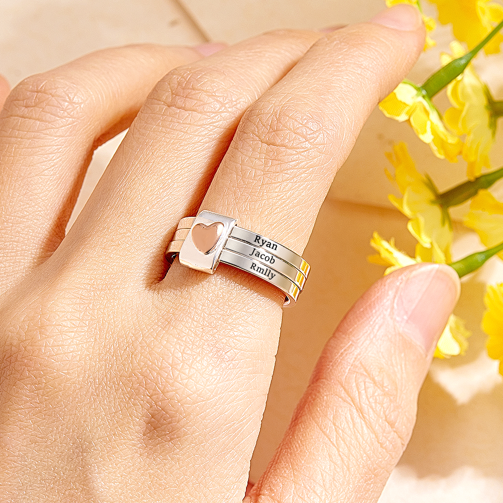 Personalized Stackable Name Rings with Heart Custom Family Name Jewelry Custom Engraved Name Rings Family Name Stackable Rings - aiprintlab