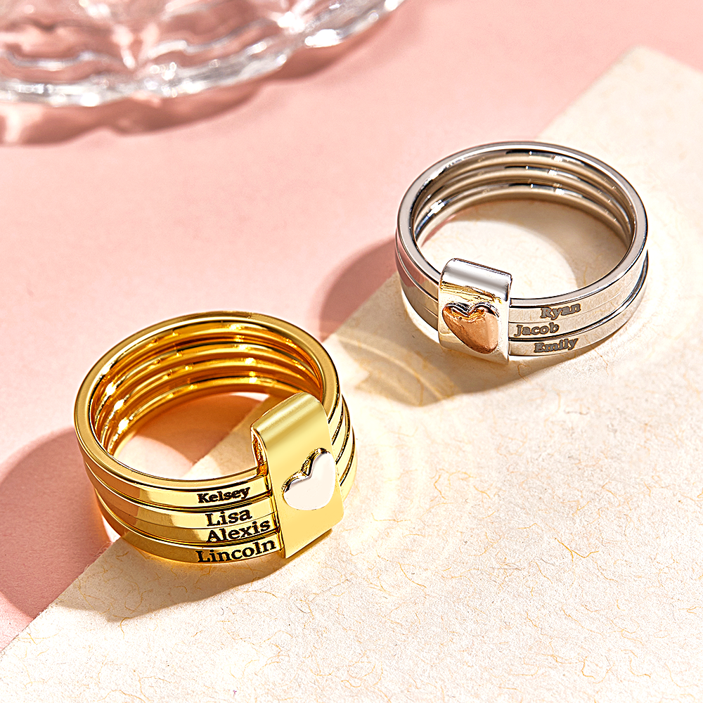 Personalized Stackable Name Rings with Heart Custom Family Name Jewelry Custom Engraved Name Rings Family Name Stackable Rings - aiprintlab