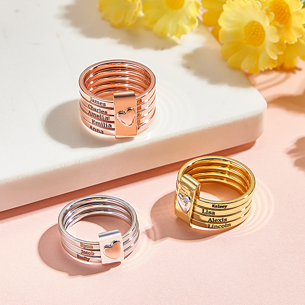 Personalized Stackable Name Rings with Heart Custom Family Name Jewelry Custom Engraved Name Rings Family Name Stackable Rings - aiprintlab