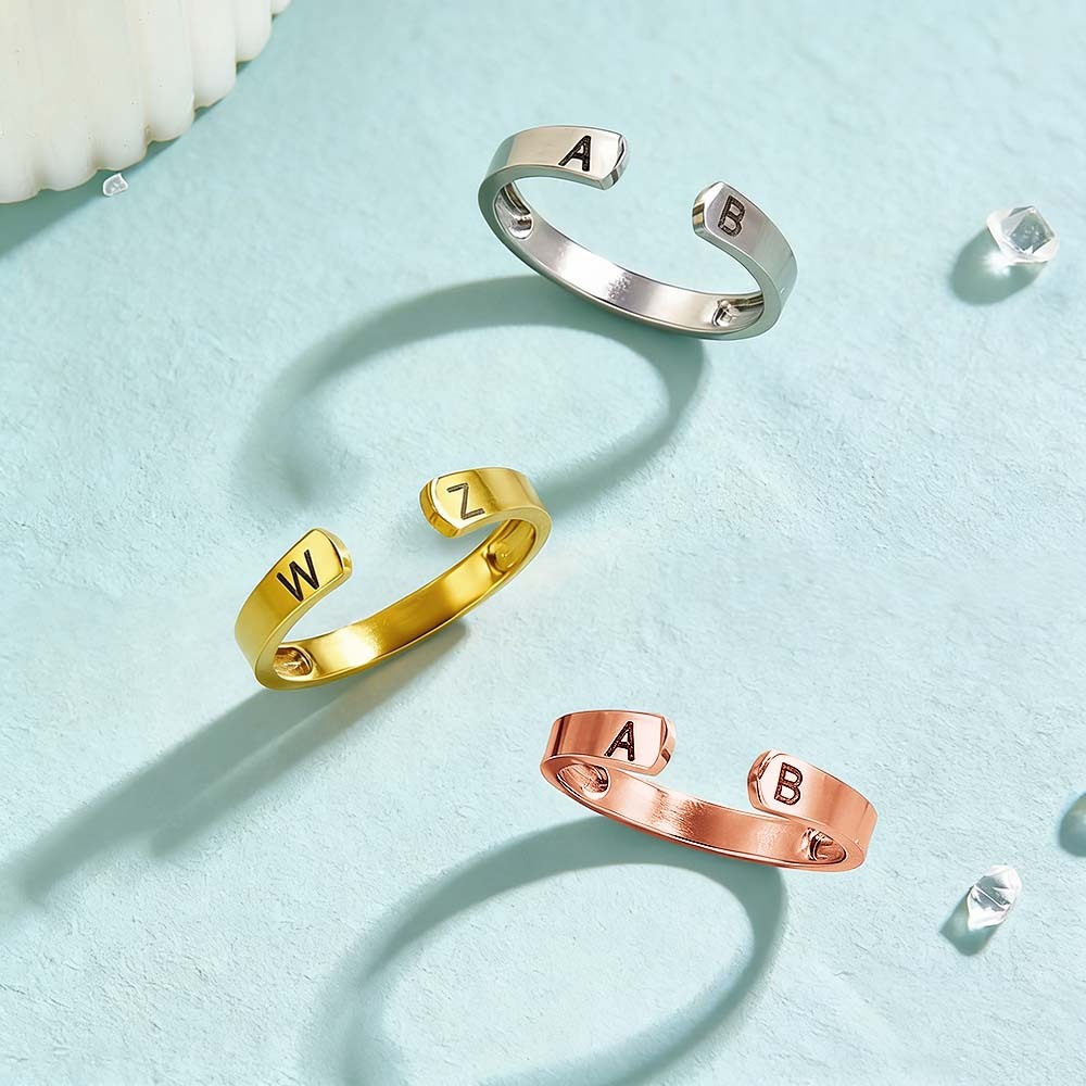 Custom Initial Couple Adjustable Ring Personalized Letter Ring Minimalist Open Design Two Letter Partner Rings - aiprintlab