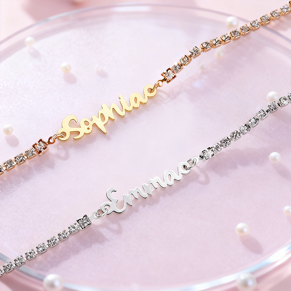 Personalized Name Bracelet with Diamond Chain Custom Cursive Name Bracelet Dainty Custom Name Bracele Christmas Gift for Her - aiprintlab