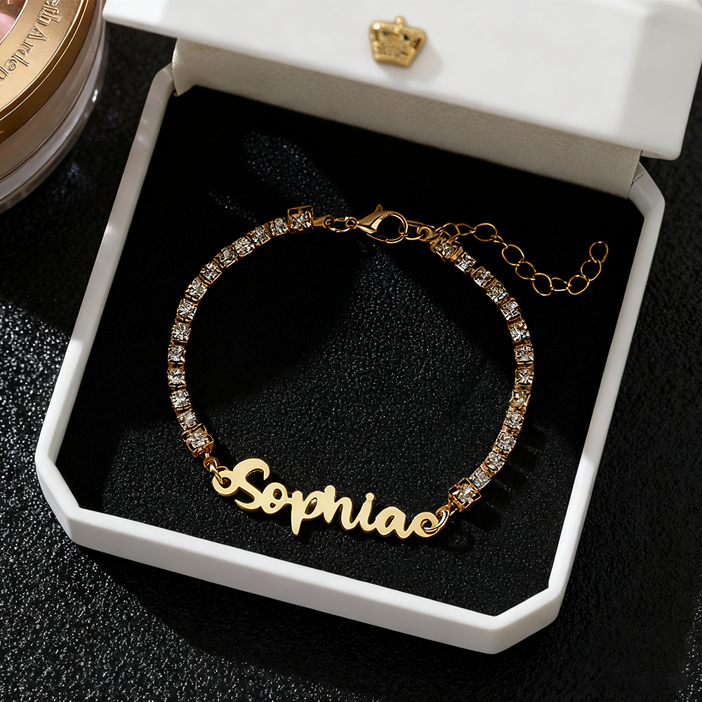 Personalized Name Bracelet with Diamond Chain Custom Cursive Name Bracelet Dainty Custom Name Bracele Christmas Gift for Her - aiprintlab