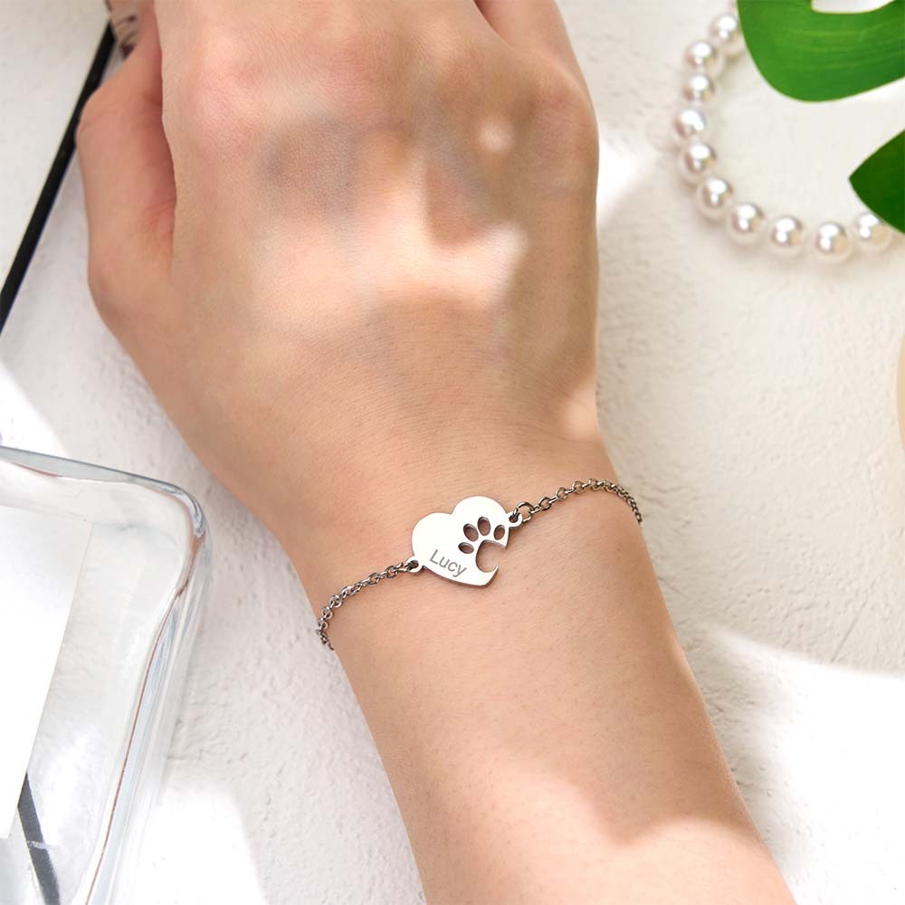 Personalized Heart Paw Print Bracelet – Custom Pet Name Jewelry for Pet Lovers - aiprintlab