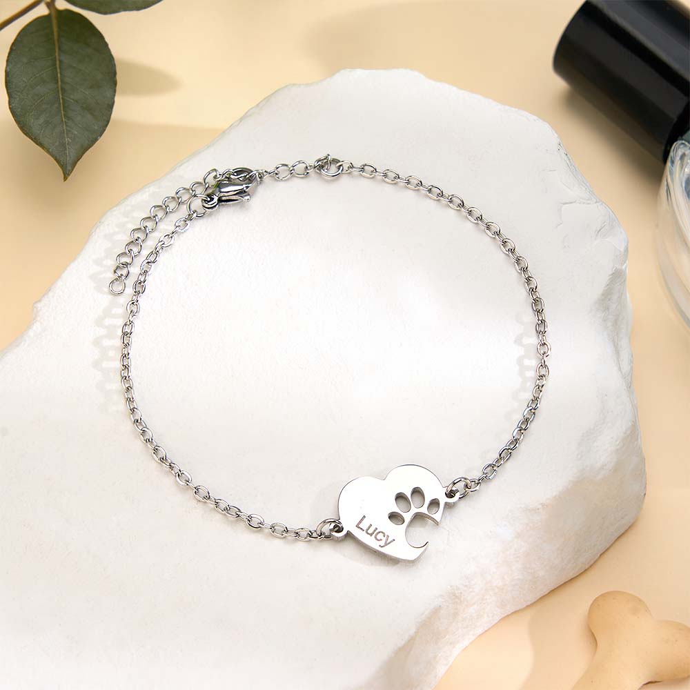 Personalized Heart Paw Print Bracelet – Custom Pet Name Jewelry for Pet Lovers - aiprintlab