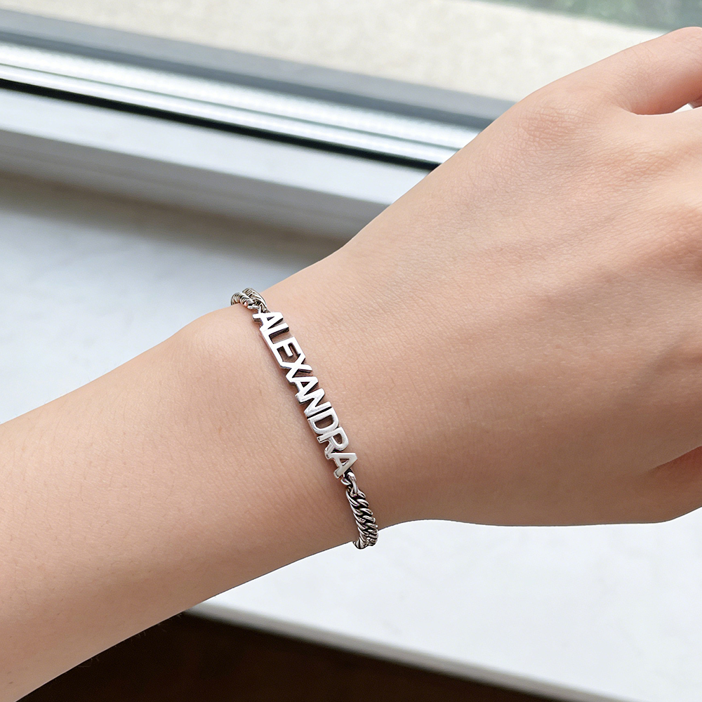 Custom Name Bracelet on Curb Chain Modern Block Letter Name Bracelet Personalized Heavy Chain Name Jewelry - aiprintlab