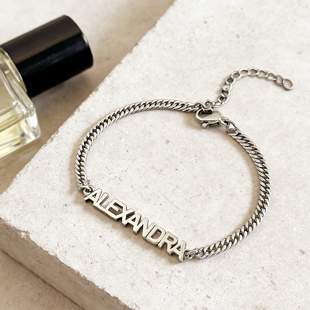 Custom Name Bracelet on Curb Chain Modern Block Letter Name Bracelet Personalized Heavy Chain Name Jewelry - aiprintlab