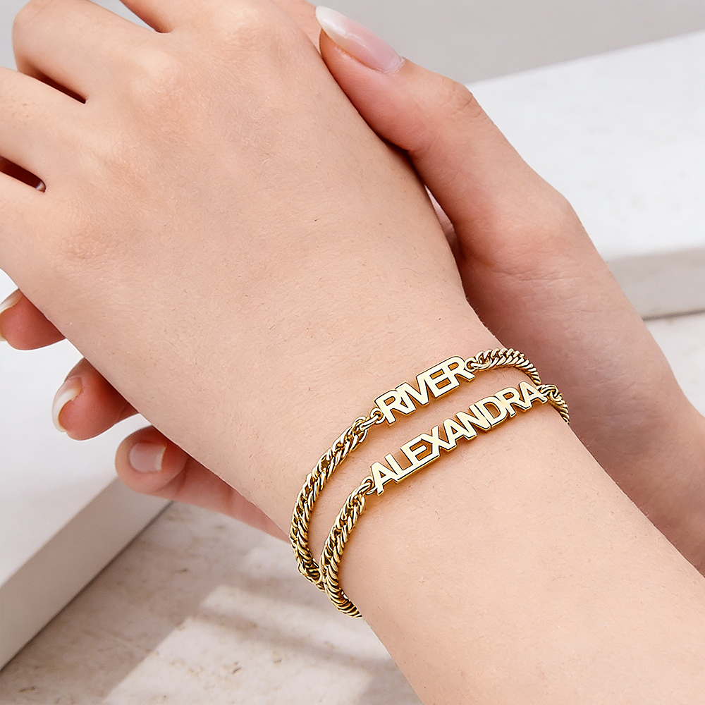 Custom Name Bracelet on Curb Chain Modern Block Letter Name Bracelet Personalized Heavy Chain Name Jewelry - aiprintlab