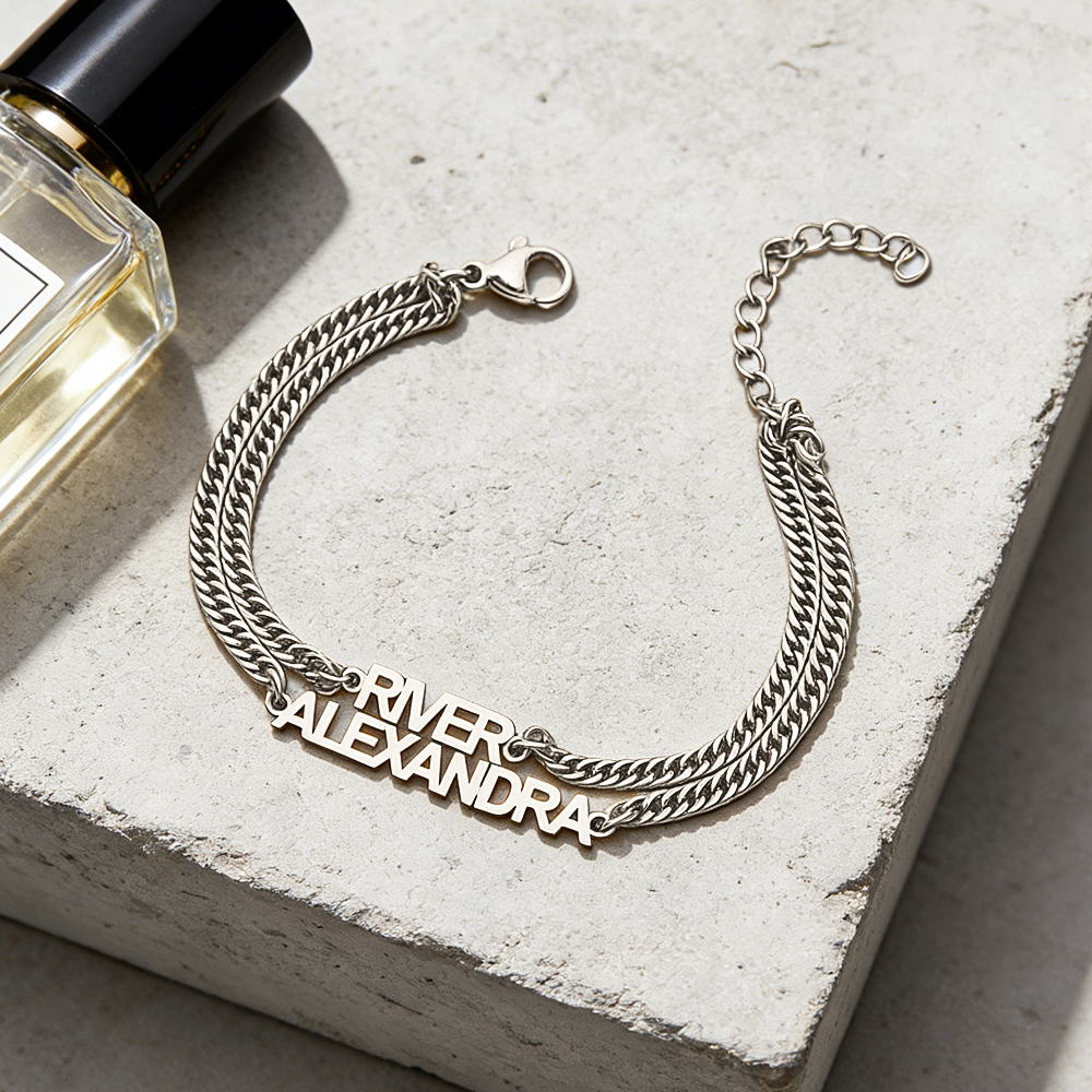 Custom Name Bracelet on Curb Chain Modern Block Letter Name Bracelet Personalized Heavy Chain Name Jewelry - aiprintlab