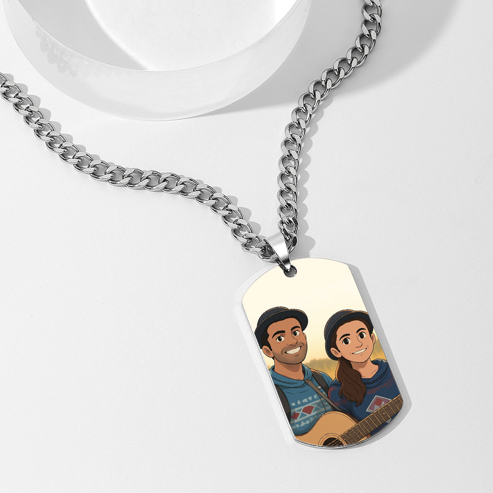 Photo Tag Necklace Gibli Style Personalized Photo Custom Engraving Stainless Steel Necklace