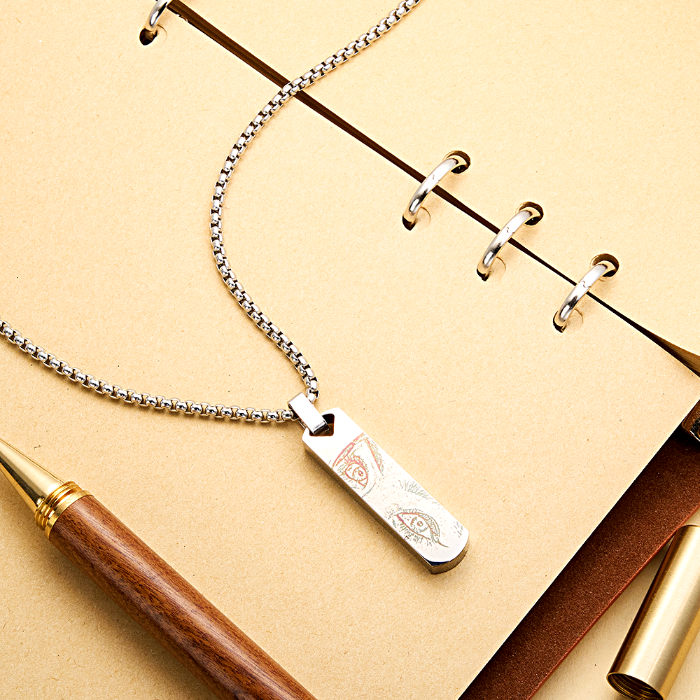 Custom Engraved Eye Bar Necklace Personalized Eye Photo Engraving Vertical Bar Pendant Gold Cube Chain Necklace with Eye Picture - aiprintlab