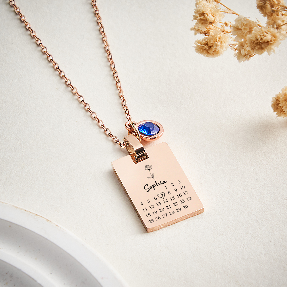 Custom Date & Birthstone Anniversary Necklace Personalized Calendar & Birthstone Necklace Birthday Gift for Her - aiprintlab