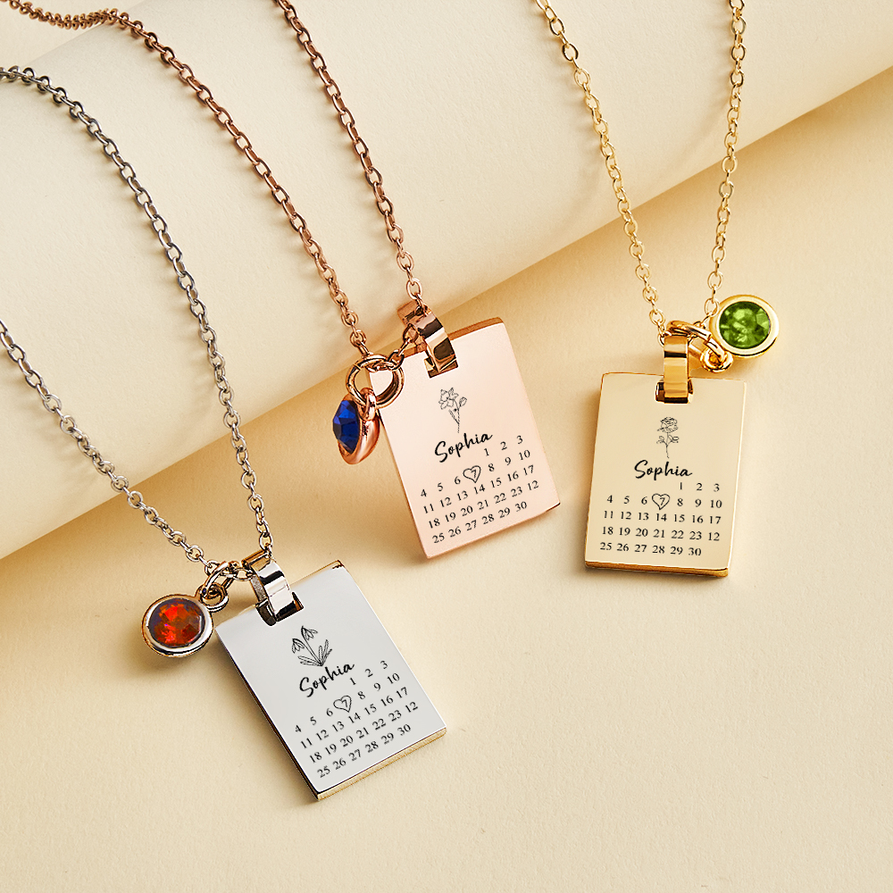 Custom Date & Birthstone Anniversary Necklace Personalized Calendar & Birthstone Necklace Birthday Gift for Her - aiprintlab