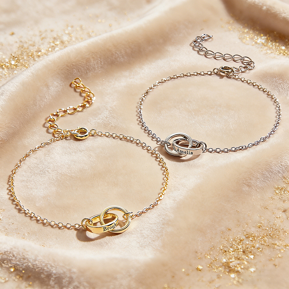 Custom Circle Name Bracelet Engraved Name Bracelet Interlocking & Circle Bracelet  Eternity Linked 2 Ring Bracelet  Anniversary Gift - aiprintlab