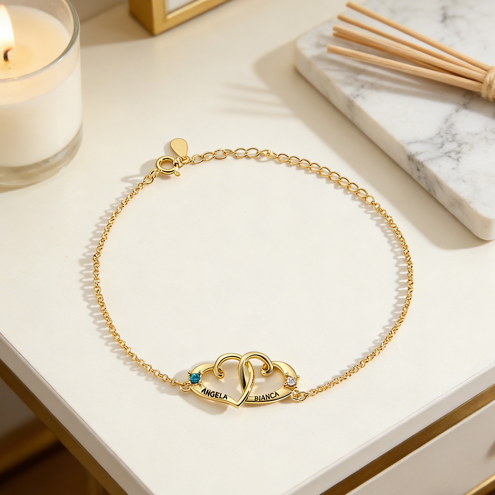 Custom Interlocking Heart Name Bracelet Birthstone Engraved Personalized Double Heart Bracelet for Couples Best Friends - aiprintlab