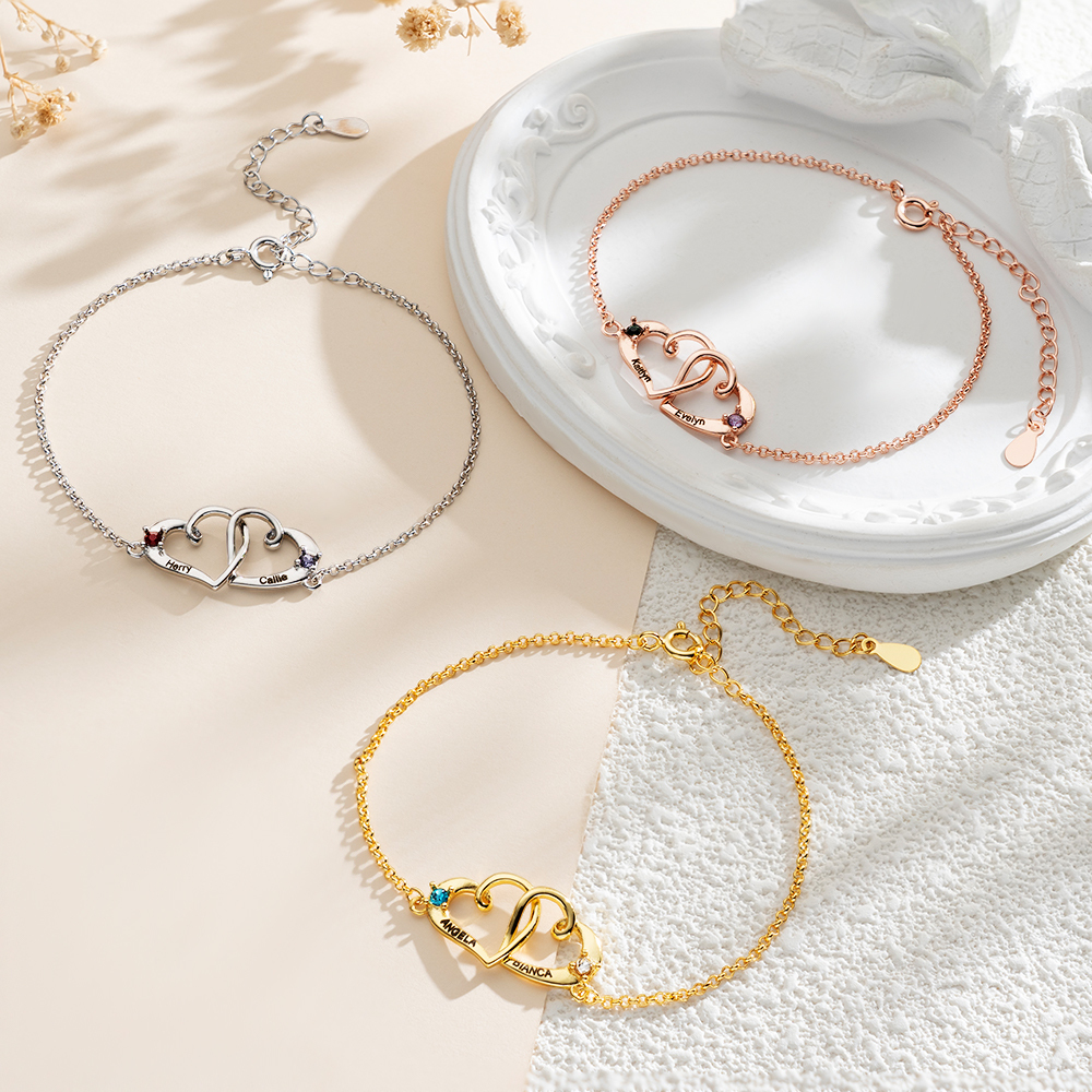Custom Interlocking Heart Name Bracelet Birthstone Engraved Personalized Double Heart Bracelet for Couples Best Friends - aiprintlab