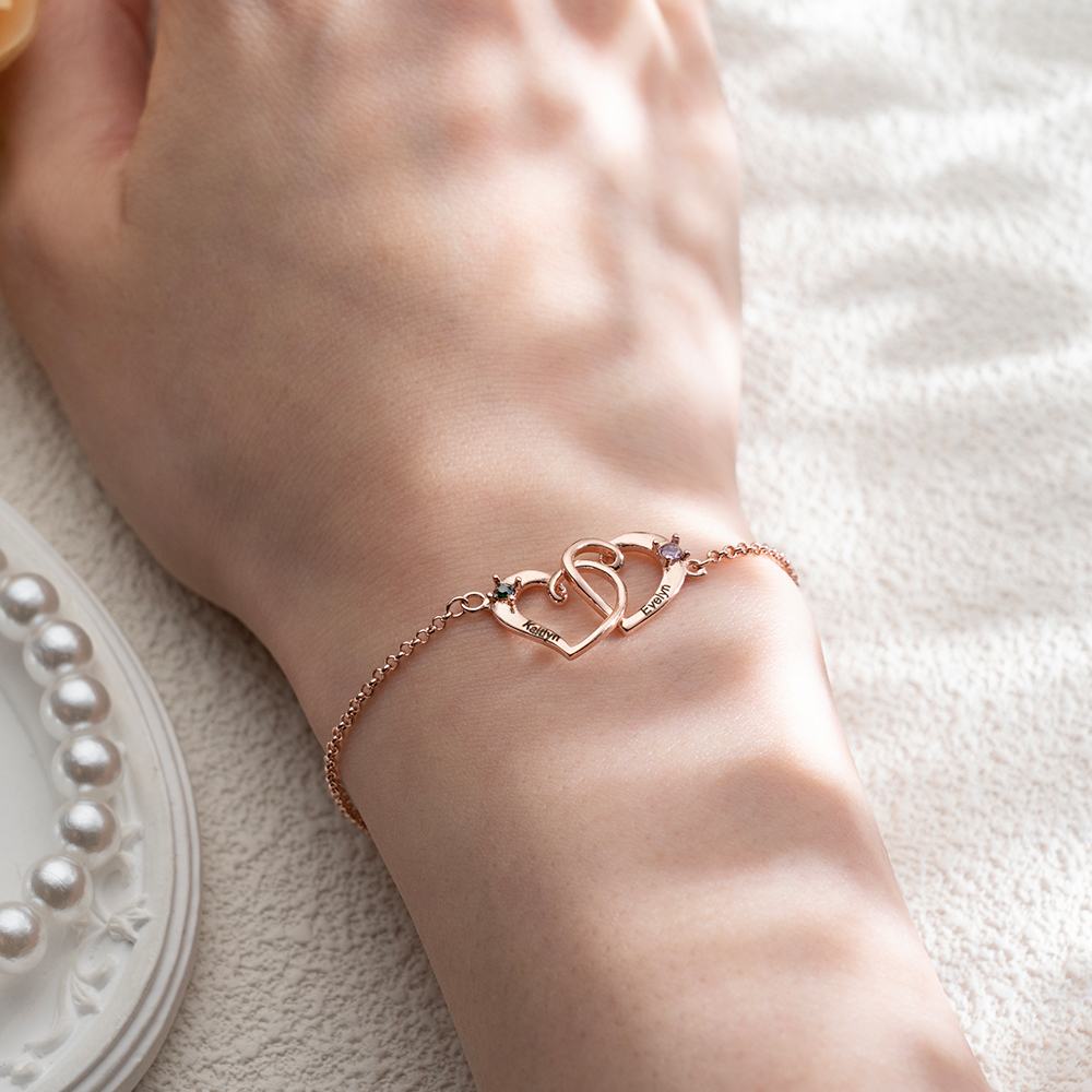 Custom Interlocking Heart Name Bracelet Birthstone Engraved Personalized Double Heart Bracelet for Couples Best Friends - aiprintlab