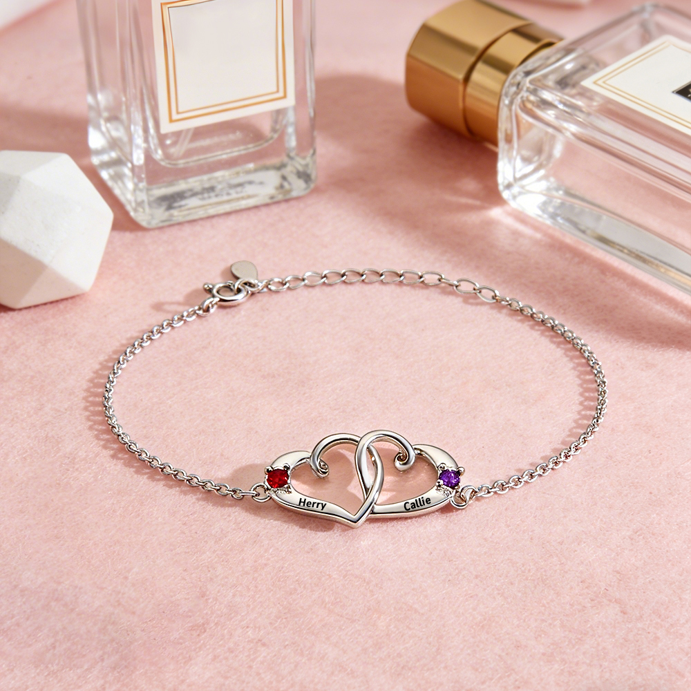 Custom Interlocking Heart Name Bracelet Birthstone Engraved Personalized Double Heart Bracelet for Couples Best Friends - aiprintlab