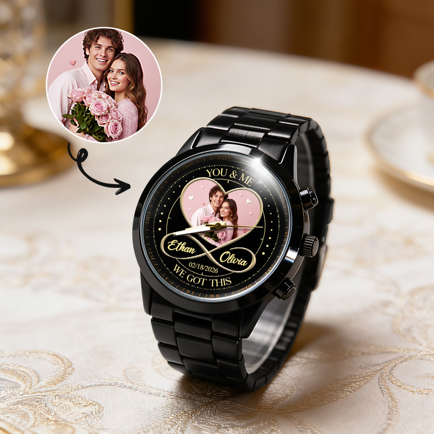 Custom Photo Mens Wrist Watch Personalized You and Me We Got This Watch Infinity Heart Wrist Watch Valentine's Day Gift for Him - aiprintlab
